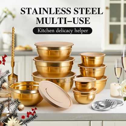 Set of 3 or 10 Stainless Steel Mixing Bowls with Lids and Grater - Rust-Resistant, Dishwasher Safe, Nesting Bowls for Baking, Prep, Cooking, Salad Mixing, Serving - Perfect Holiday Gift