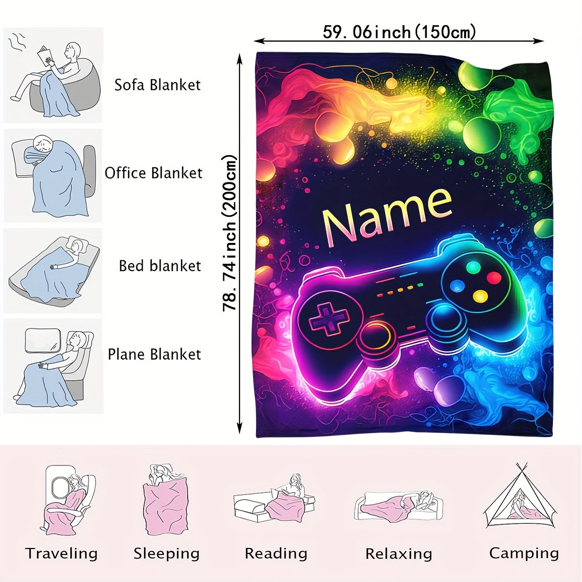 Stay warm and cozy with the 1pc CozyCraft Customizable Gaming Controller Pattern Throw Blanket. Made from lightweight flannel, this blanket is soft, warm, and allergy-free. With a digital print design, this versatile blanket is perfect for using on the