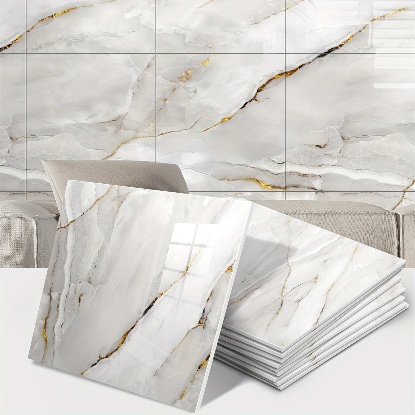 10PCS Marble Texture Self-Adhesive Wallpaper with Waterproof Aluminum Foil Backing for Wall Covering and Insulation, Easy Peel and Stick Installation.