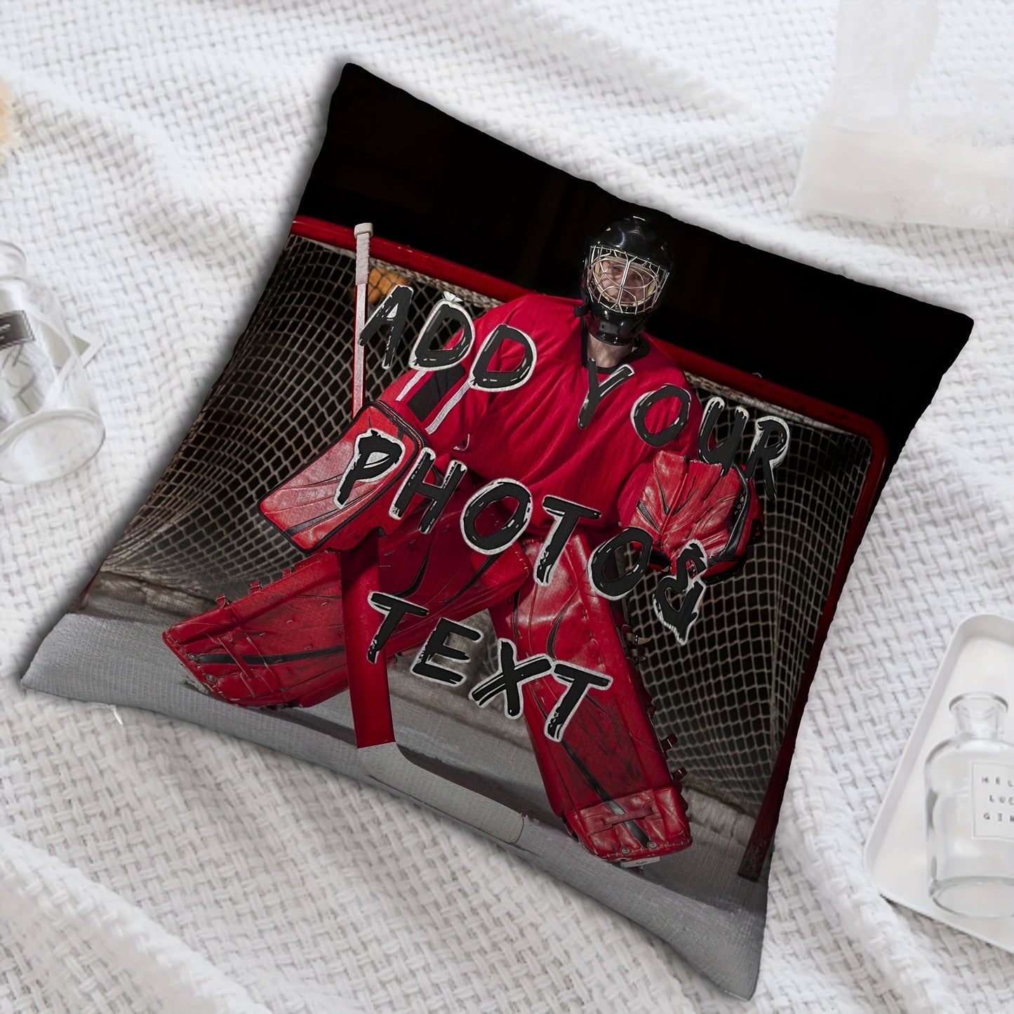 Create Your Own Ice Hockey Photo Pillow Cover with Short Plush Material, Single-Sided Print, A Unique Personalized Gift for Your Loved Ones on Special Occasions such as Valentine's Day, Christmas, Thanksgiving, New Year, Anniversaries. Size 45.72x45.72