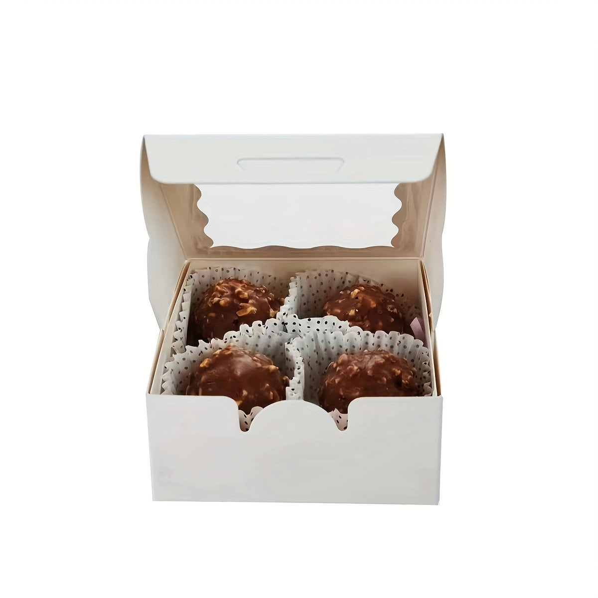 Truffle Boxes in Sets of 12, 50, or 100. Each box measures 8.13 X 8.13 X 3.81cm and is ideal for chocolates, soaps, cookies, donuts, macarons, and other baked goods. These mini bakery boxes feature a window and are perfect for gifting on Christmas