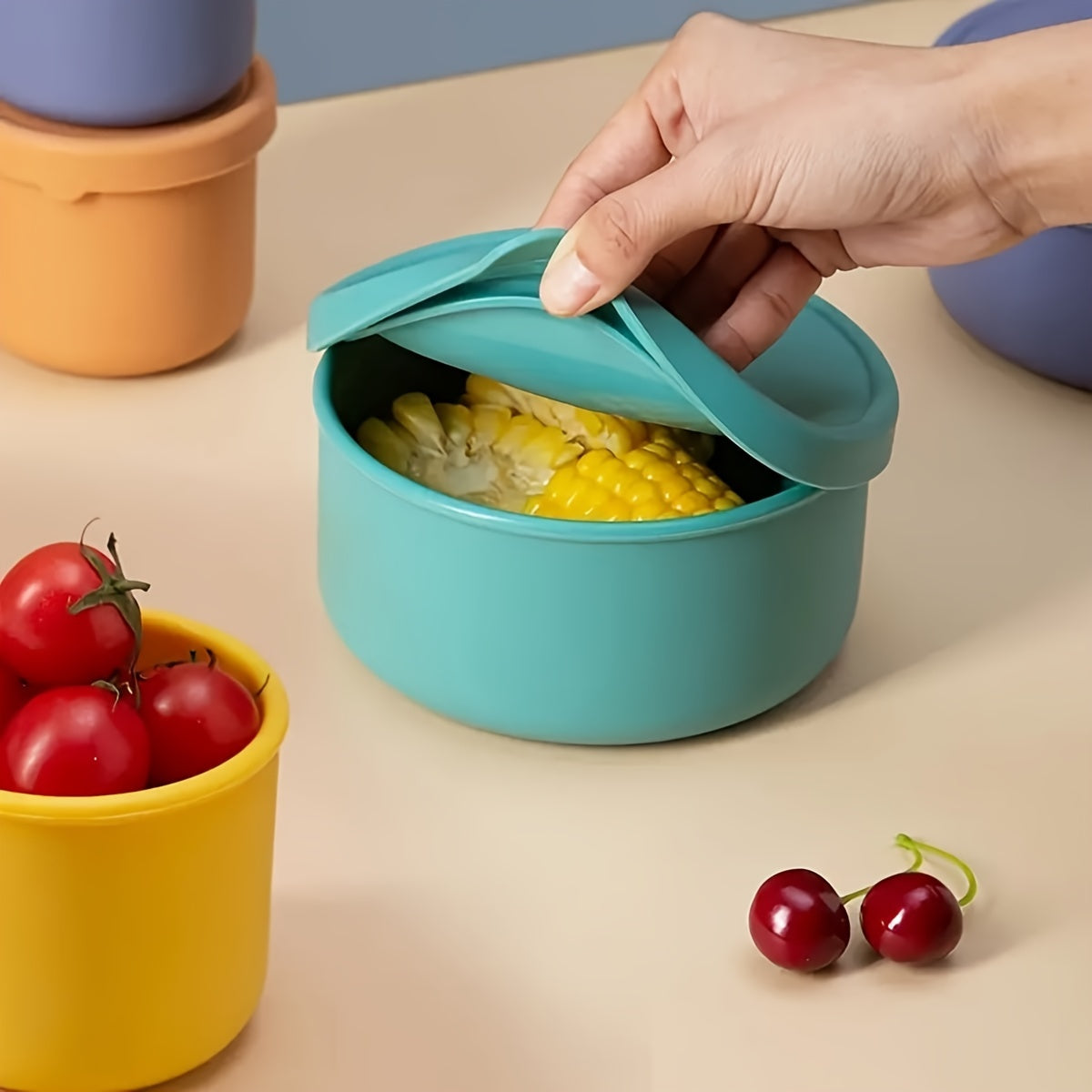 Multi-functional Storage Container made of Silicone - Does not contain BPA, can be used in the Microwave and Freezer. Ideal for storing Fruits, Vegetables, and Lunch items. Circular Kitchen Container with a convenient Flip-Top Cover.