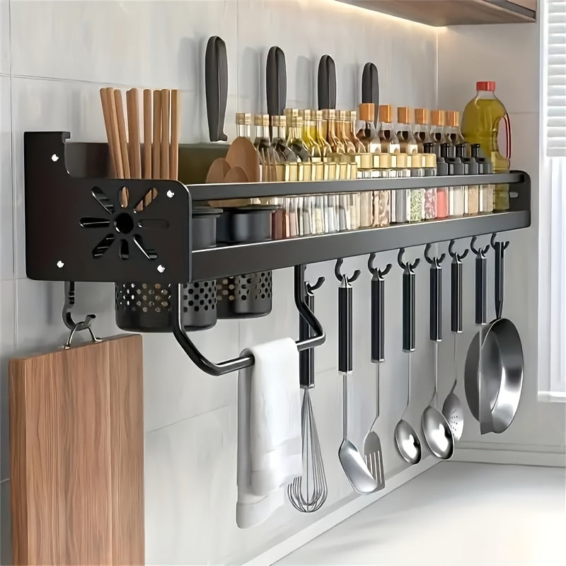 Wall-mounted rack for kitchen organization. Ideal for storing knives, cutting board, and utensils. Durable powder-coated finish. Efficient space-saving design.