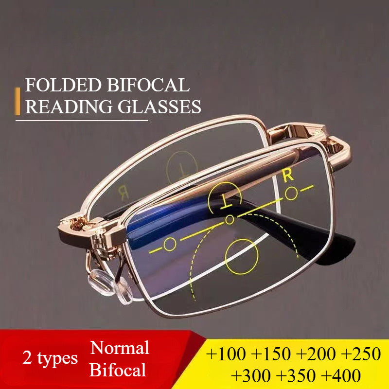 Foldable Golden Dual Light Reading Glasses with Bi-Focal Lenses (+1.0~+4.0) in Stylish Metal Frame. Portable and Scratch-Resistant for Office, Home & Travel. Comes with Case.