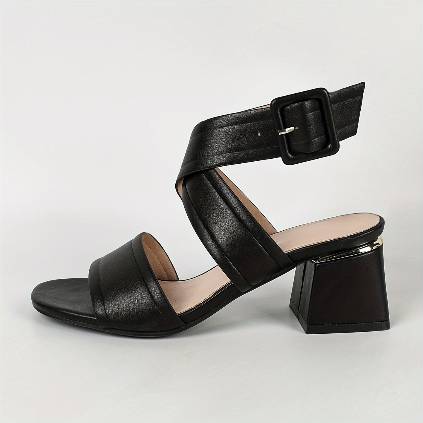 Trendy solid color sandals with chunky heel and ankle buckle strap.