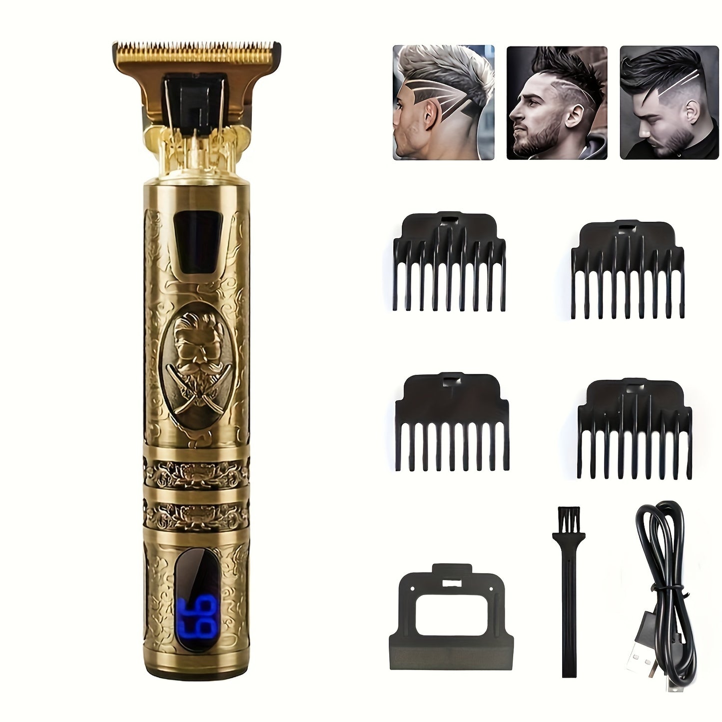 WEEME T9 Blue Light LCD Hair Clipper with USB Charging and 4 mythical beast designs. Includes accessories for precision grooming and versatile styling. ABS body and 600mAh battery for