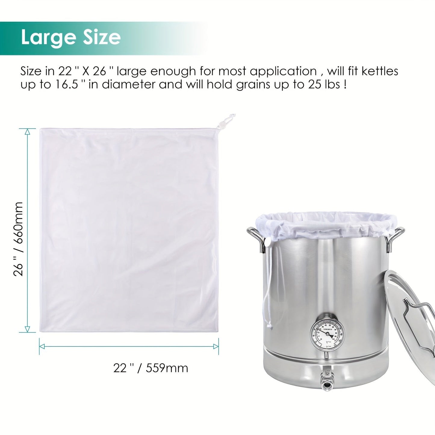 1 piece of reusable mesh filter bag for various uses such as coffee, juice, tea, nut milk, cold brew coffee, and cheese straining. Made of food-grade mesh material measuring 55.88cm by 66.04cm.