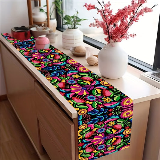 Mexican-themed linen table runner for party decoration, 33.02*182.88cm size. Perfect for Dia de los Muertos, Cinco de Mayo or any fiesta. Ideal for kitchen or dining table, also makes a great gift or holiday decoration.