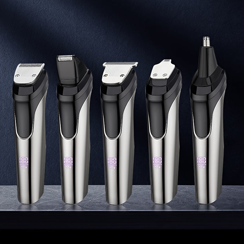 Men's all-in-one grooming kit with USB rechargeable cordless beard trimmer and LED display, ideal for Father's Day gift.