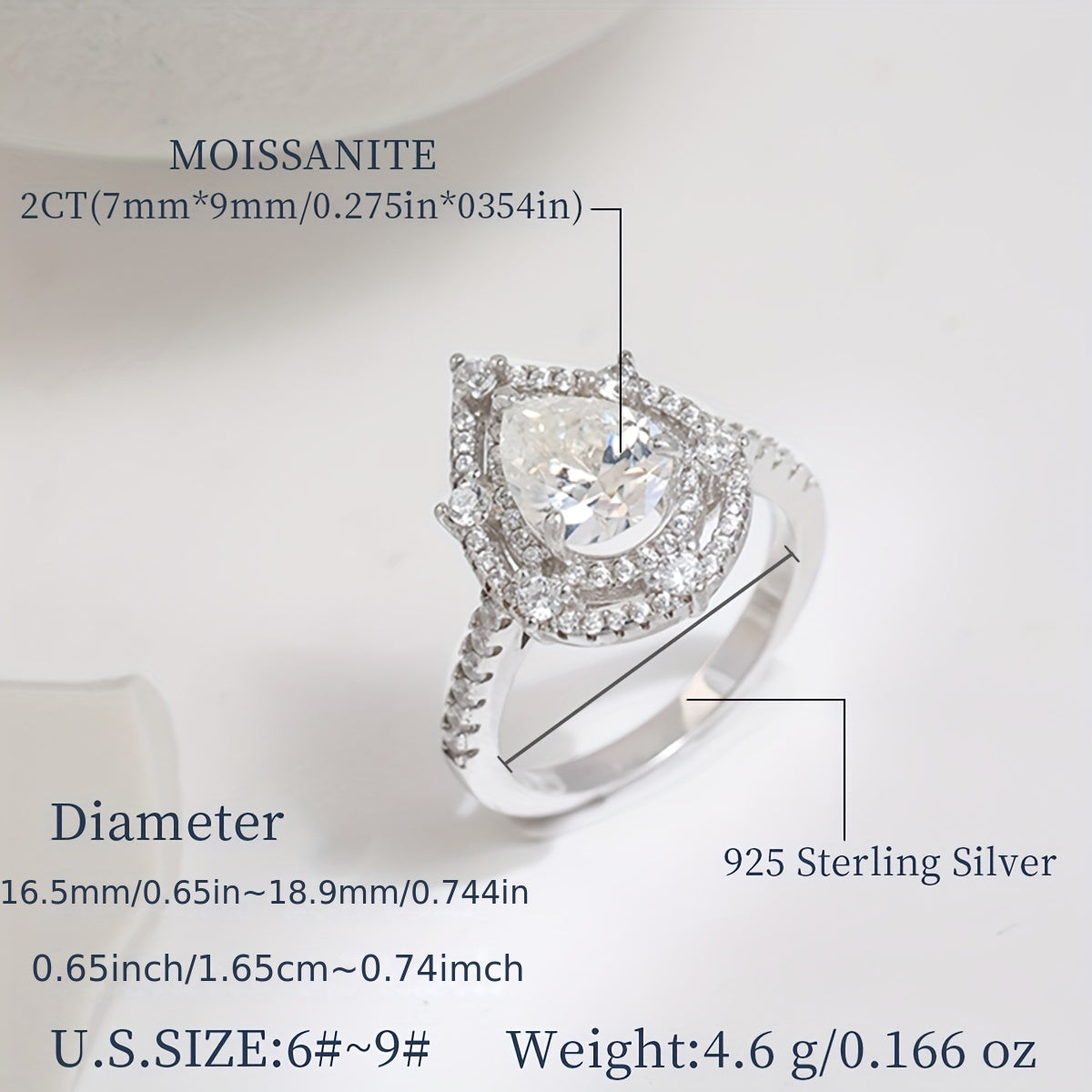 Beautiful 2ct Pear Shaped Moissanite Water Drop Ring in 925 Sterling Silver, Hypoallergenic for Women. Perfect for Wedding or Engagement. Comes with Moissanite Certificate and Elegant Gift Box.