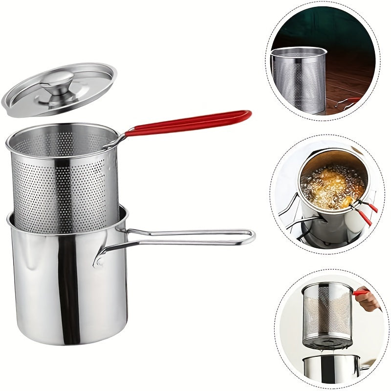 Easily fry up your favorite foods with this Stainless Steel Deep Fryer Set featuring a convenient basket strainer. Ideal for frying potato chips and fish, this handheld basket is perfect for deep frying in the kitchen.