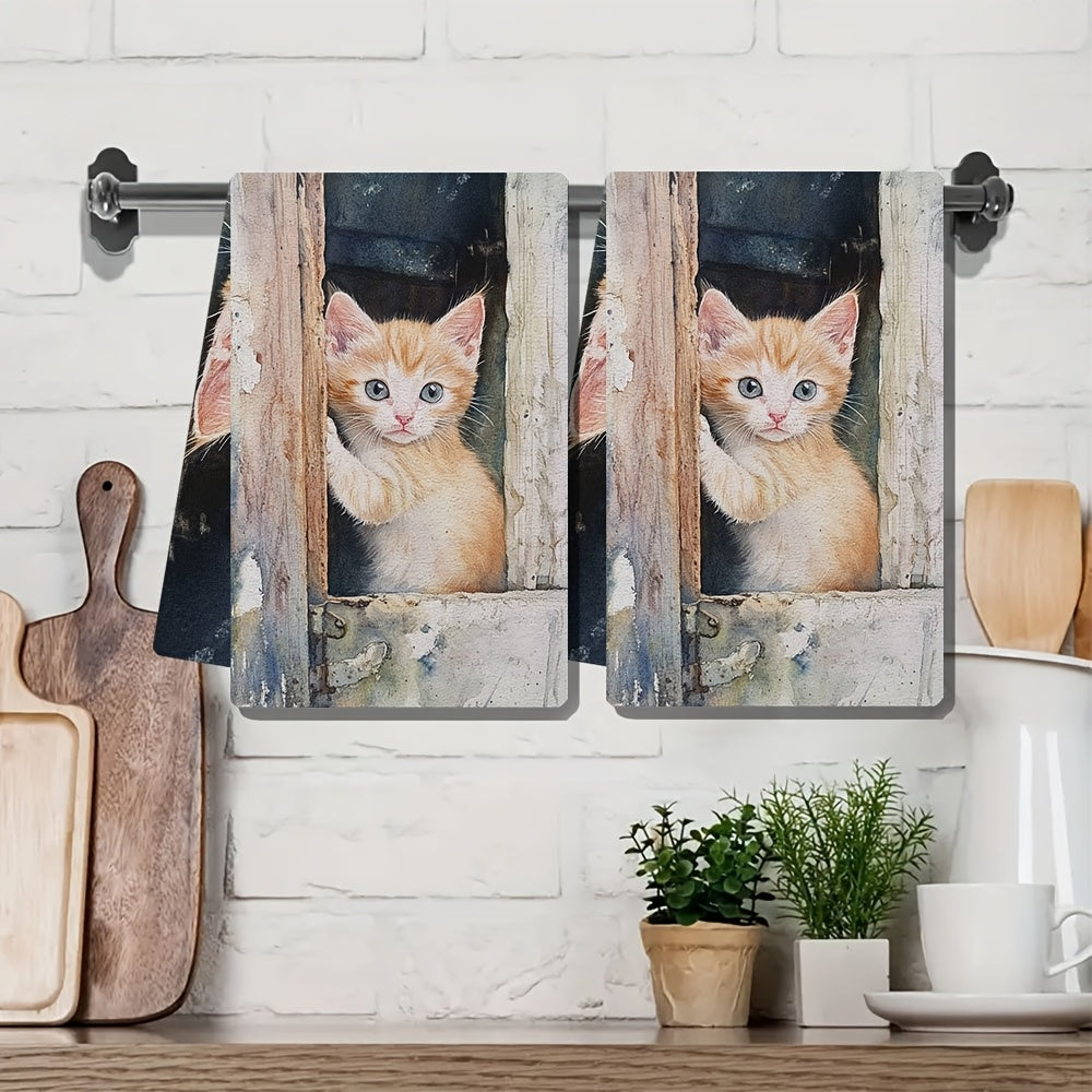 This kit includes 2 ultra-soft kitchen towels with a gentle meow from a kitten wanting to come inside. These highly absorbent dish and hand towels are ideal for holiday decoration, machine washable, and measure 40.64x60.96 cm.