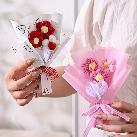 Charming mini knitted flower bouquet with heart-patterned tissue paper, perfect for Valentine's, Mother's Day, and anniversaries. Adds a pop of color to home decor. Ideal as bouquet accessories.