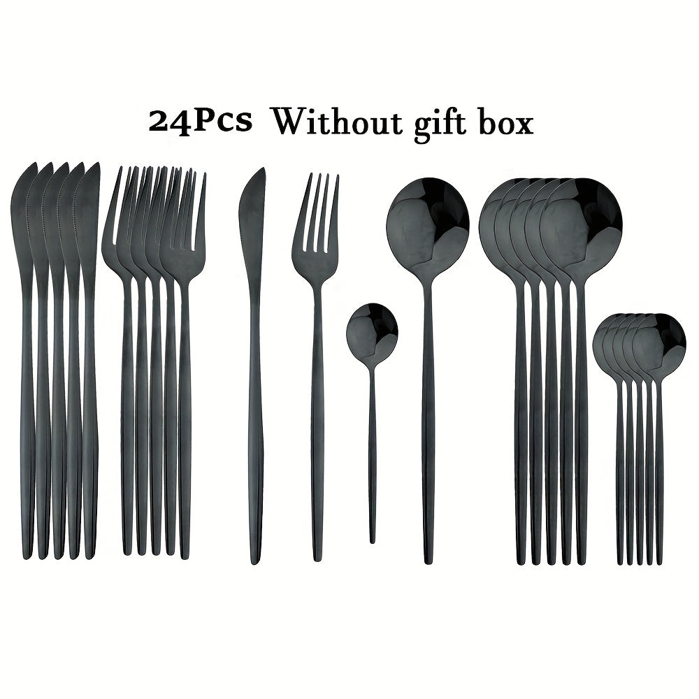 24-piece black handle gold cutlery set made of stainless steel for kitchen or dining use, perfect for gifting.