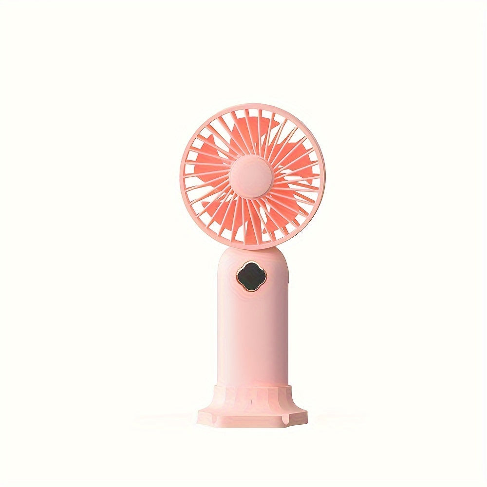 Portable table fan with USB charging and phone holder, lithium battery, quiet operation, 3 speeds, suitable for indoor use. Features intelligent digital display, made of plastic with button control and various components.