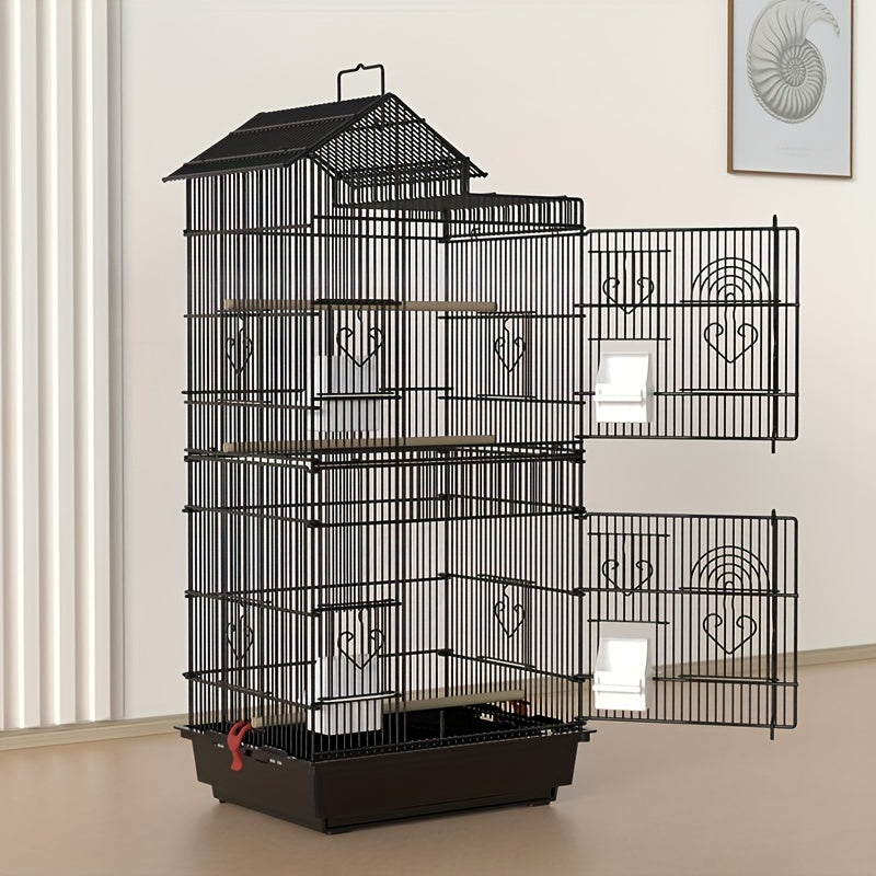 Large multi-layer bird cage with welded wire mesh for one pet bird.