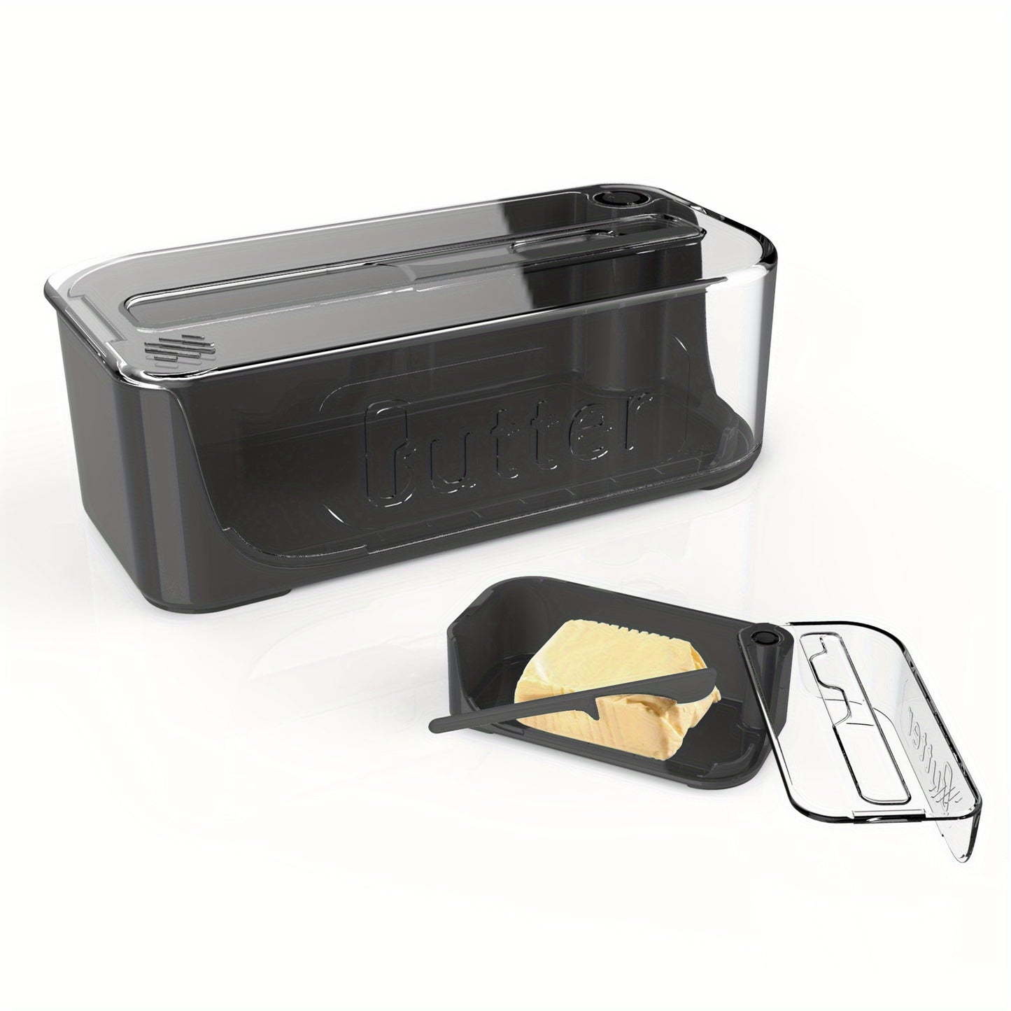 Butter dish with cutter and transparent cover, creative container for kitchen.