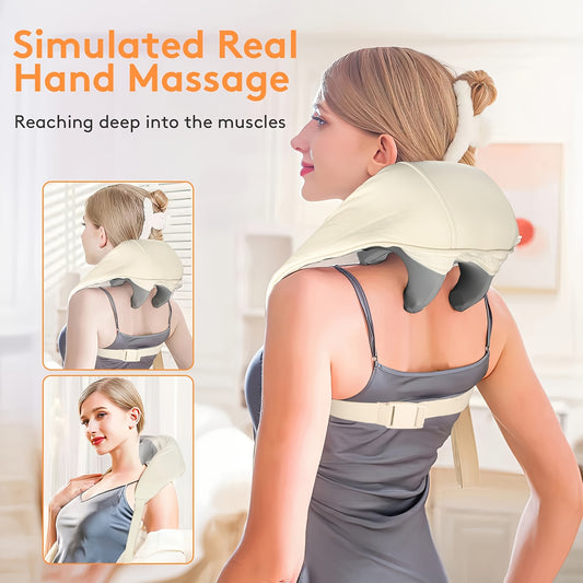 A cordless neck and shoulder massager with heat, 6 nodes, and USB charging for whole body relaxation. Great for neck, trapezius, back, and legs. Perfect gift idea.