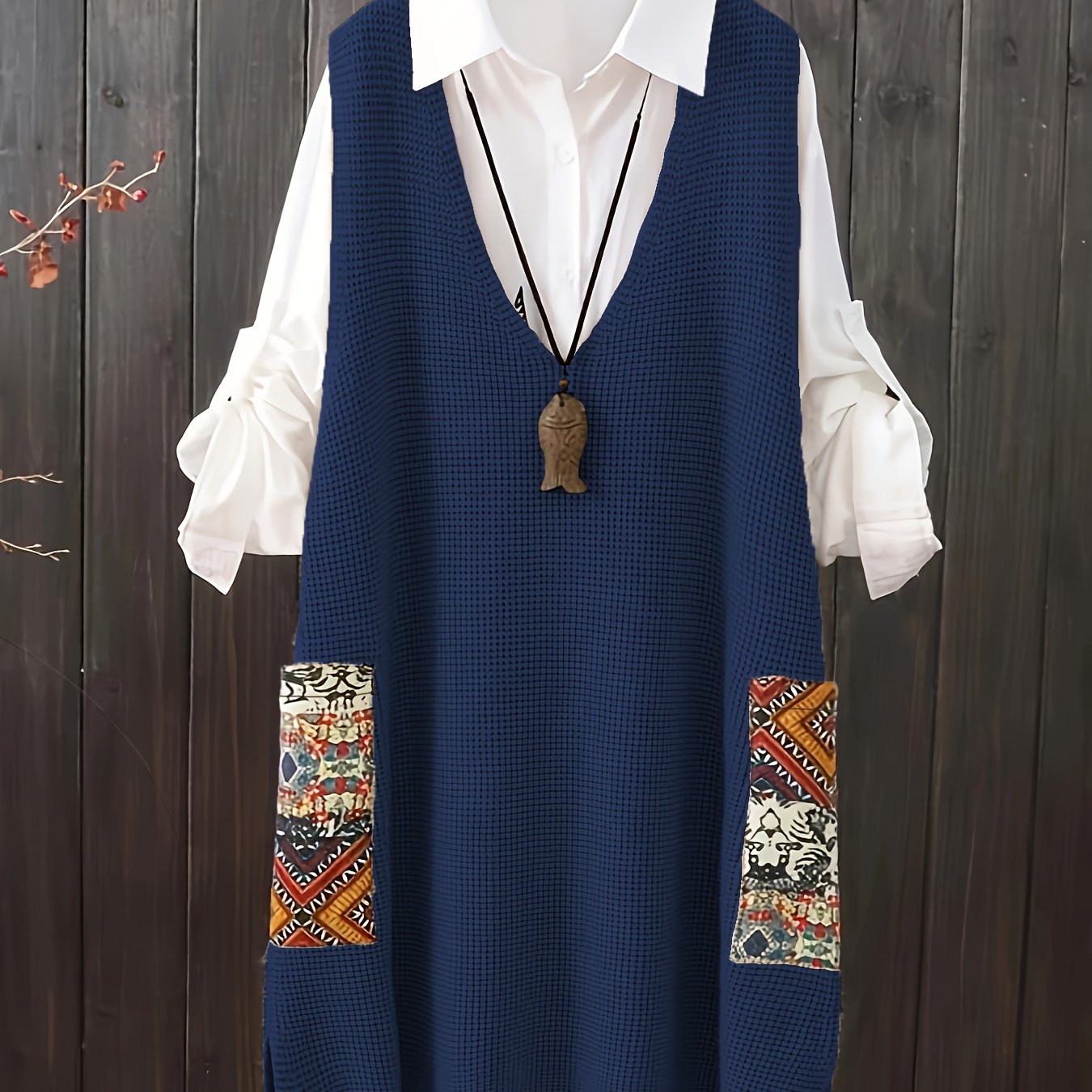 Plus size casual V-neck printed sweater vest dress with pockets.