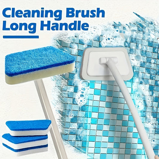 Set of cleaning brushes with long handles, perfect for reaching tight spaces. Ideal for use on bathtubs, showers, floors, walls, and windows. Features a detachable sponge head and extendable handle for convenient cleaning.