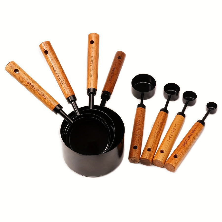 Set of 4 measuring cups and 4 measuring spoons with wooden handles, made of stainless steel. Includes graduated measurements for precise baking and cooking. A must-have tool for any kitchen, perfect for apartments and essential for cooking and baking