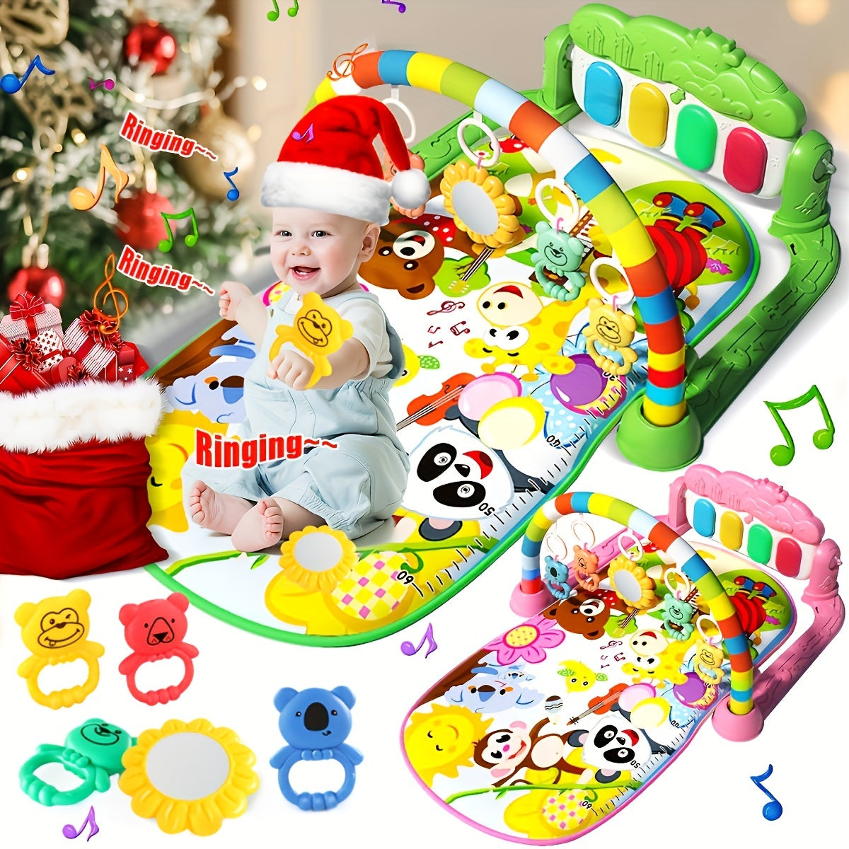 Bright pink and green interactive baby play mat with music pedal piano, educational fitness activity center. Battery powered and made of plastic. Perfect for Christmas, birthday, or Halloween gifts.