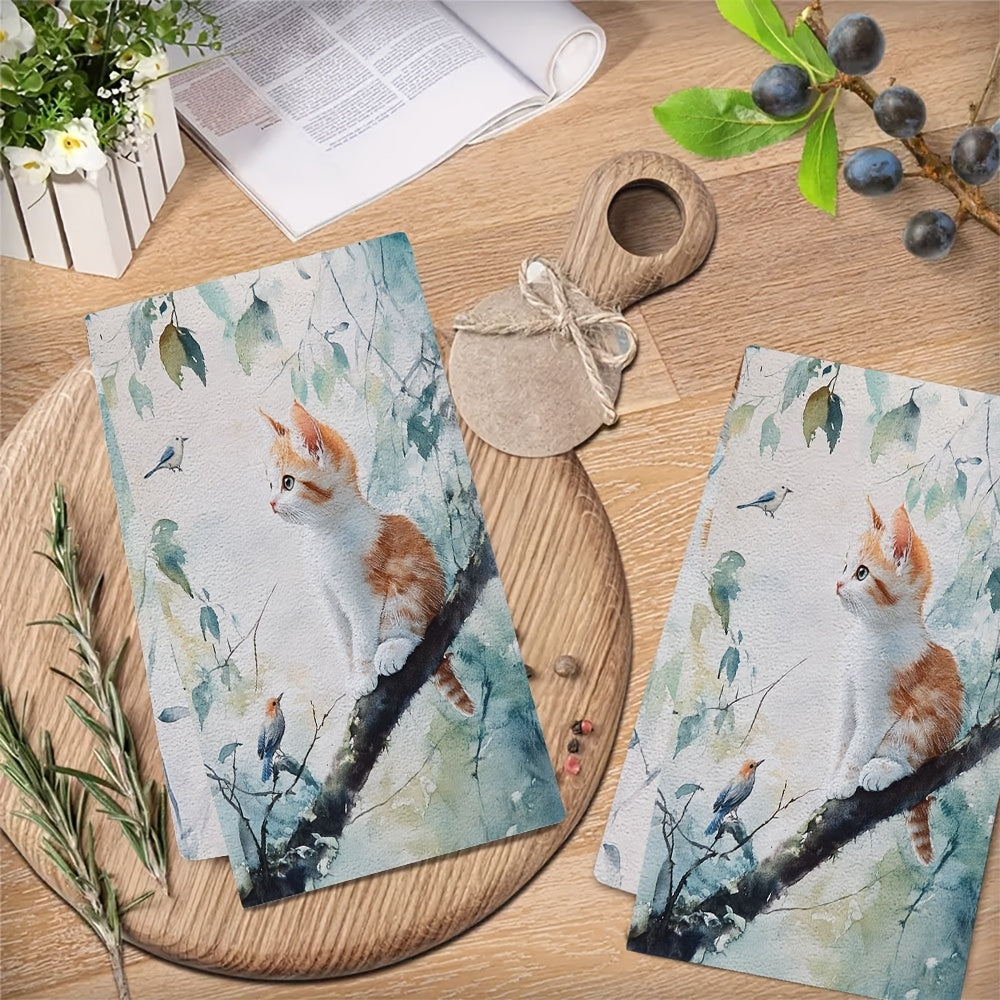 Set of 2 Ultra Soft Kitchen Towels featuring a Charming Kitten & Birds Design. Made of Highly Absorbent Polyester, these Dish Hand Towels are Machine Washable and Ideal for Holiday Decor. Each towel measures 40.64x60.96 cm.