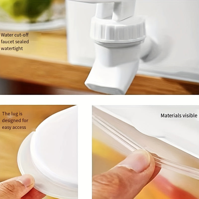 Large capacity refrigerator drink dispenser with faucet ideal for lemonade, juice, and tea. Modern white PP cold water jug for home use.