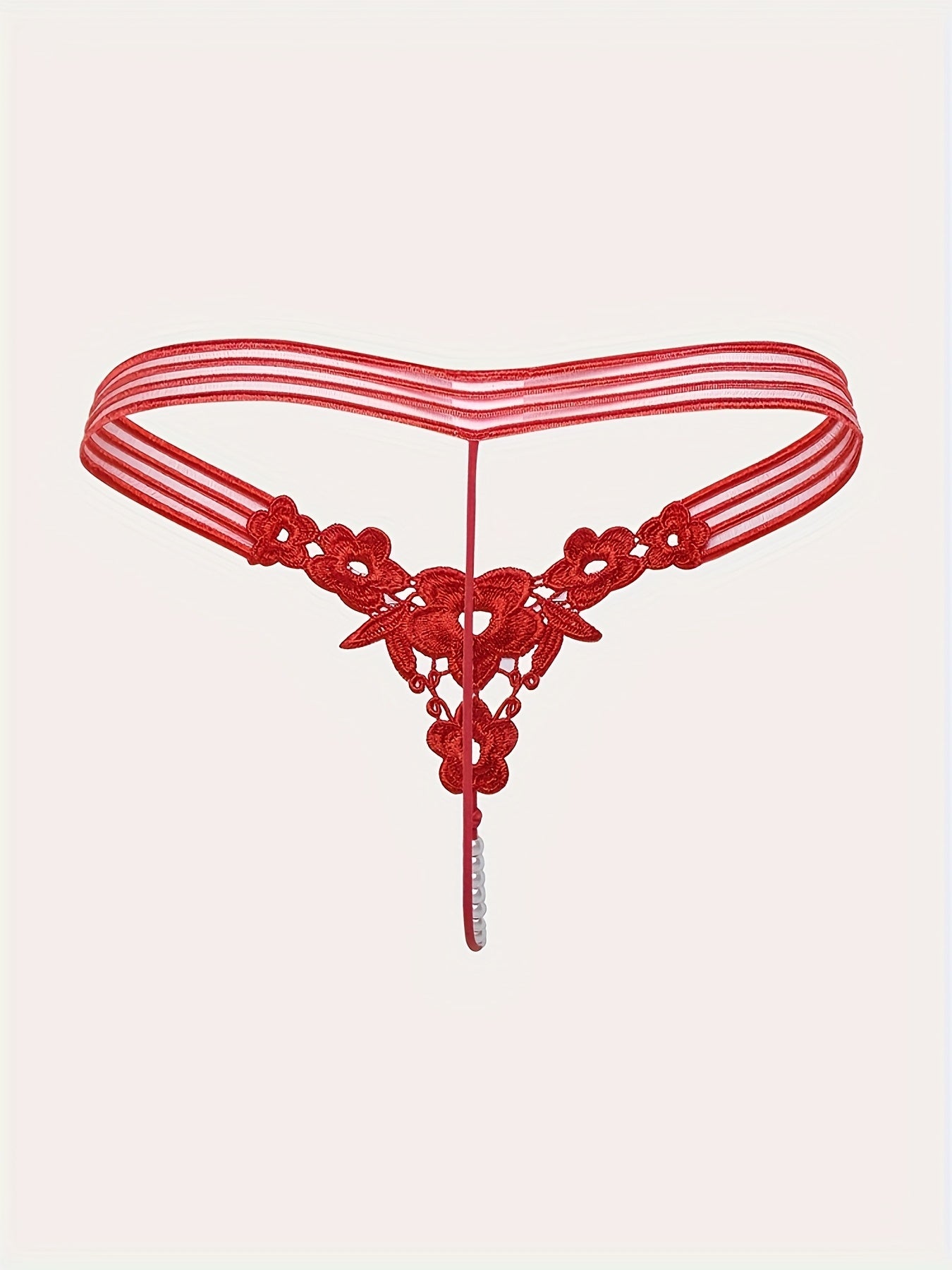 Sexy bead thong panties for women in red, made of 100% polyester knit fabric. Features solid color, mini embroidered V-string, drop waist, and adult thong style.