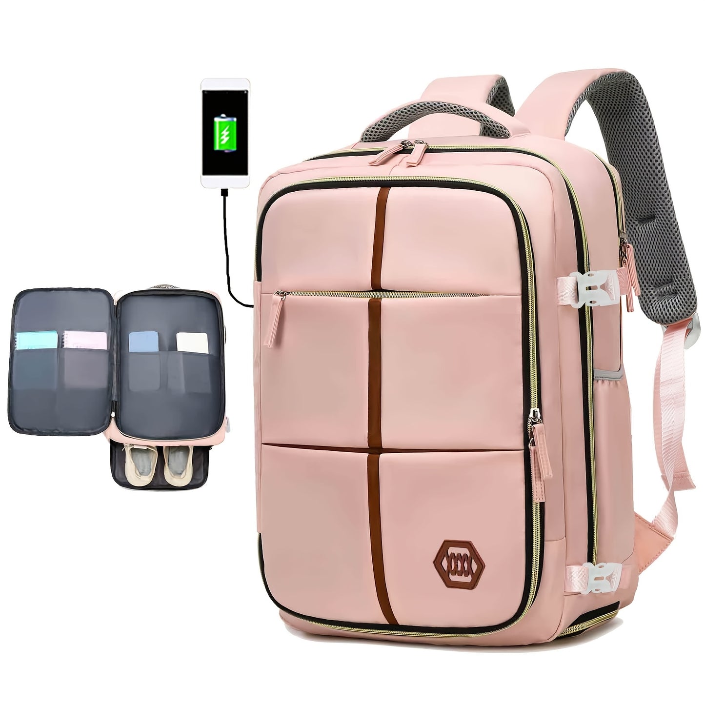 Stylish white and black travel backpack with shoe compartment, USB charging port, and durability for outdoor and school use.