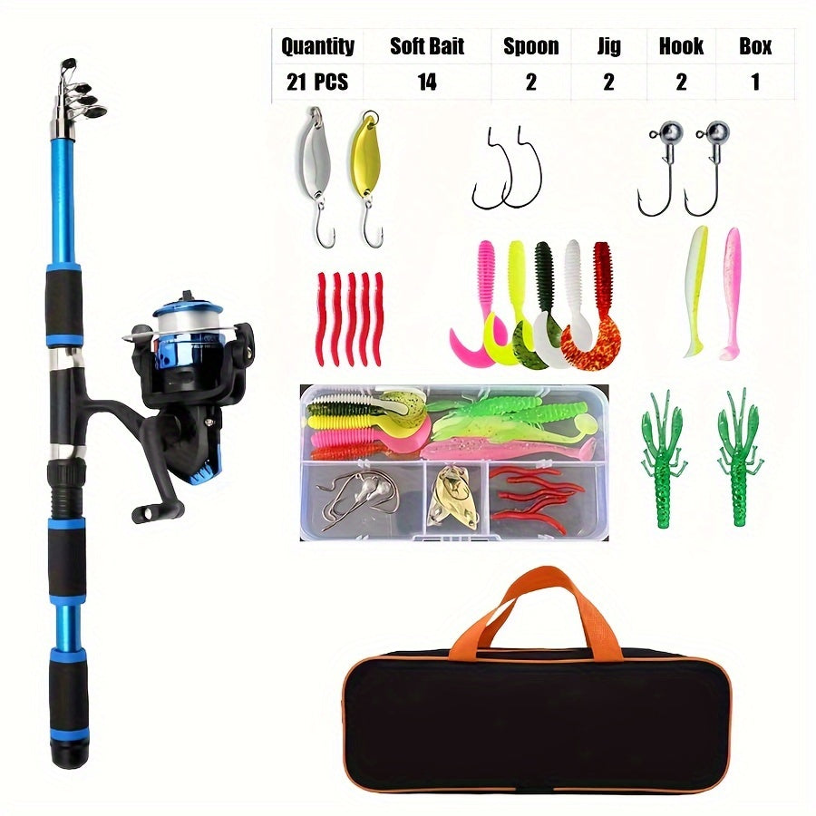 1.8m Fishing Rod Kit with Telescopic Pole, Spinning Reel, Lures & Hooks - Versatile for Freshwater & Saltwater