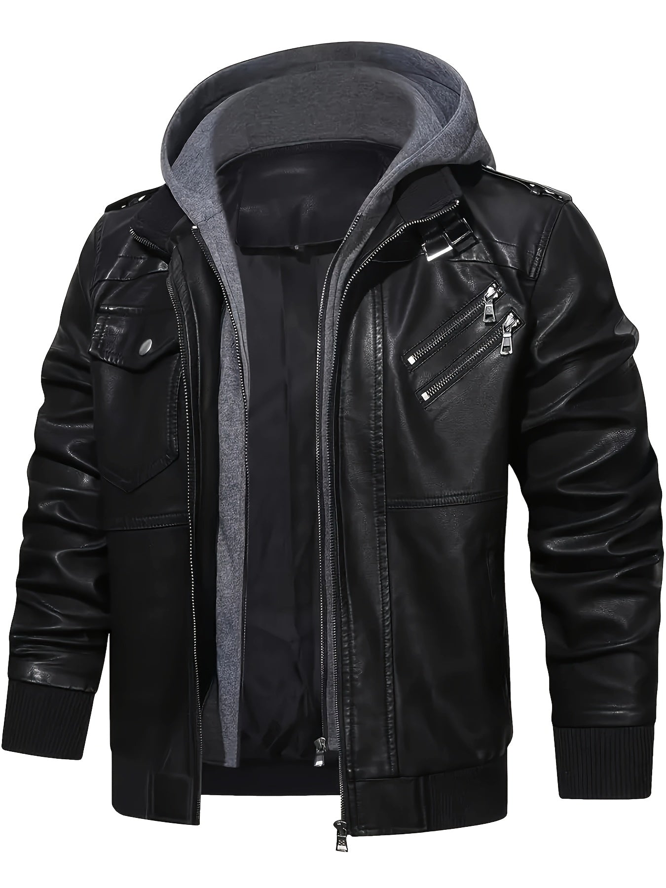 Men's casual faux leather jacket with hood, multi-pocket design, regular fit, solid color, polyester lining, woven fabric - Pearson OBM.