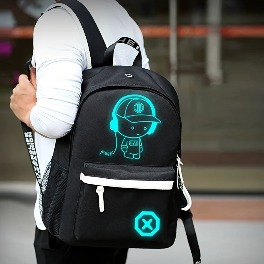 Glow-in-the-dark cartoon backpack with USB charging, adjustable straps, and zip closure. Perfect for daily use for school or commuting.