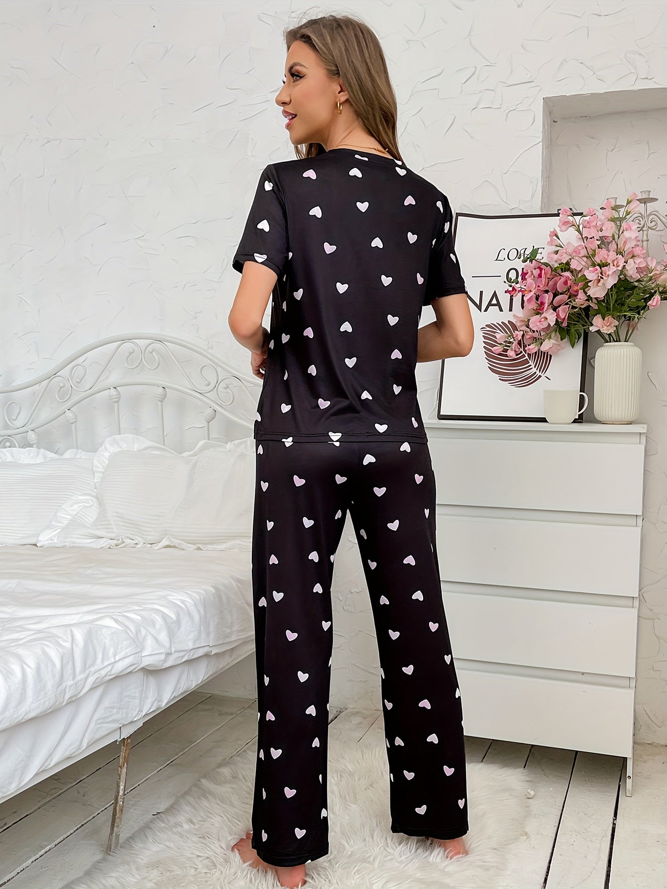 Heart Print Pajama Set for Women, featuring Short Sleeve Top and Elastic Waistband Pants, perfect for Sleepwear and Loungewear.