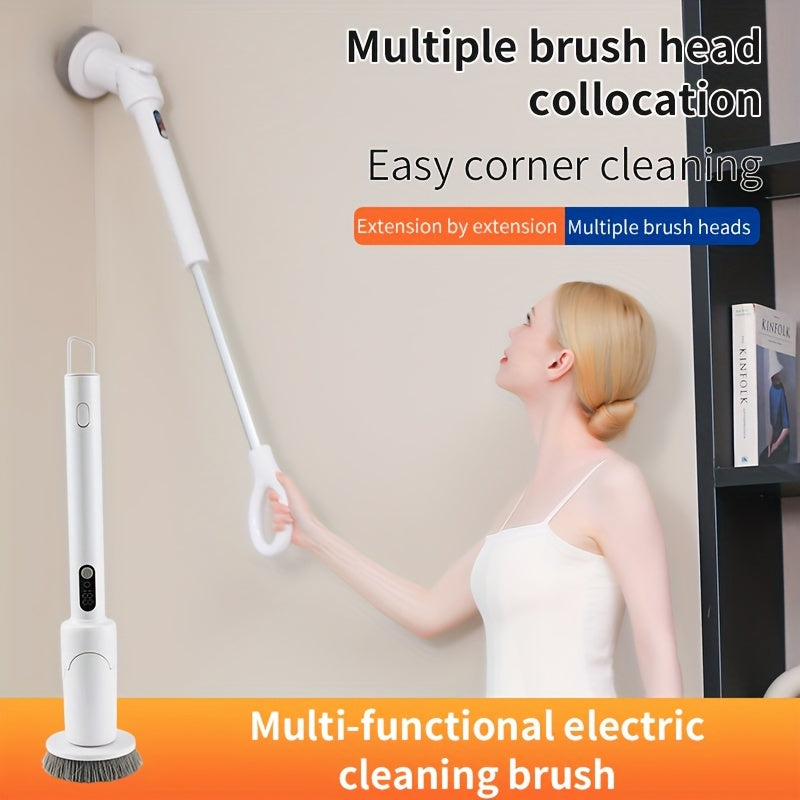 Wireless Electric Cleaning Brush with Telescopic Handle and 6 Rotatable Large Brush Heads, Digital Display, USB, Extended Battery Life, Two-speed Adjustment - Perfect for Floor, Bathroom, and Kitchen Cleaning