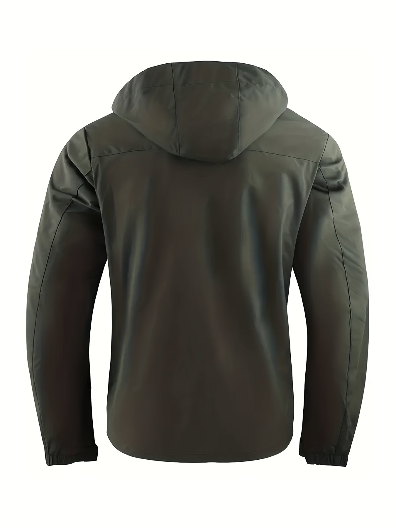 Black men's windproof, water-resistant jacket with logo design, multiple pockets, and comfortable polyester fabric. Suitable for cycling, running, and casual wear. Also available in plus