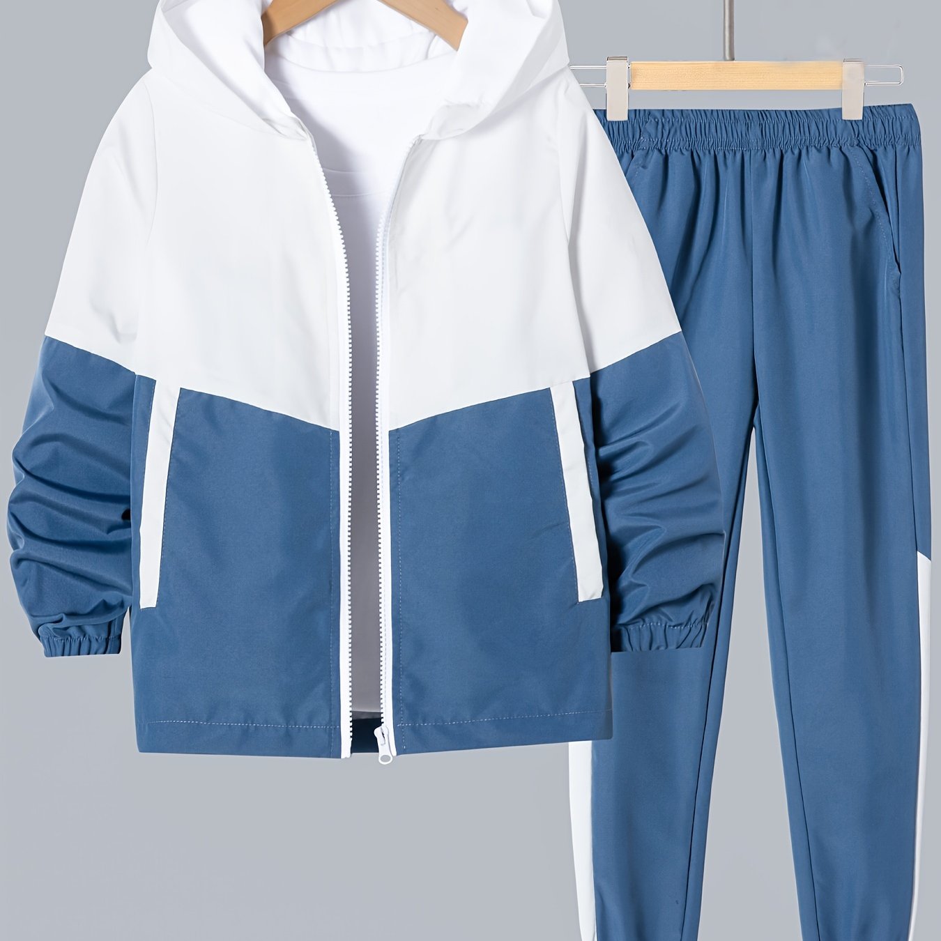 Boys' Color Block Hooded Jacket and Pants Set - 100% Polyester, Long Sleeve, Pockets, Front Zip, Regular Fit, for Ages 12 and Under, Outdoor Spring/Fall Tracksuit