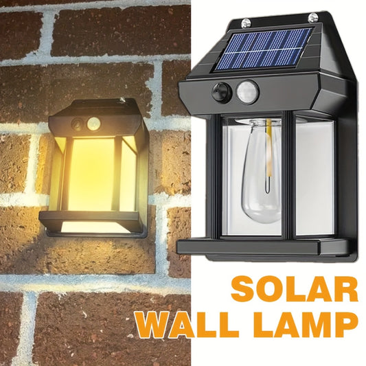 Solar wall light with motion sensor, adjustable brightness, and three lighting modes for outdoor décor.