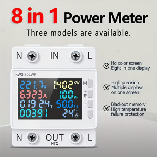 1pc 8IN1 Din Rail AC Monitor measures AC170-300V 220V 63A, including voltage, current, power factor and active power.