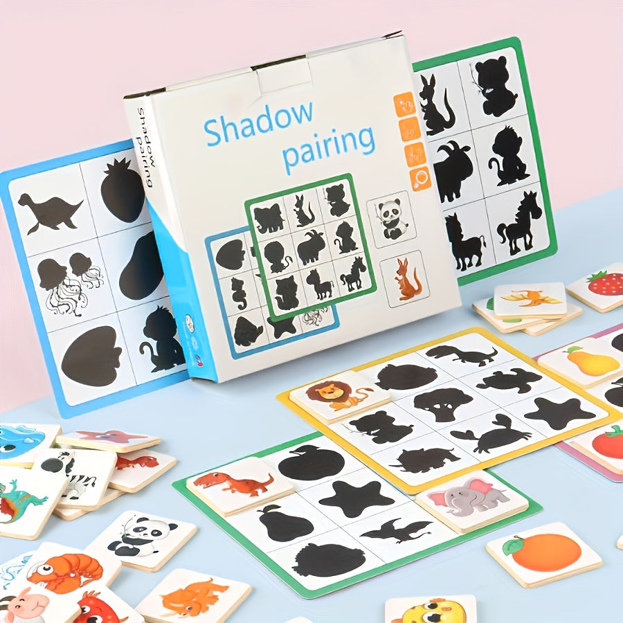 Wooden brain teaser puzzle for kids, helps with shape recognition and cognitive development through fun animal and fruit shadow matching game.