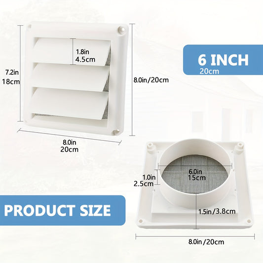 White dryer vent cover with screen for exterior wall vent hood outlet airflow, 10.16cm x 15.24cm in size. Includes 4 screws for easy installation.