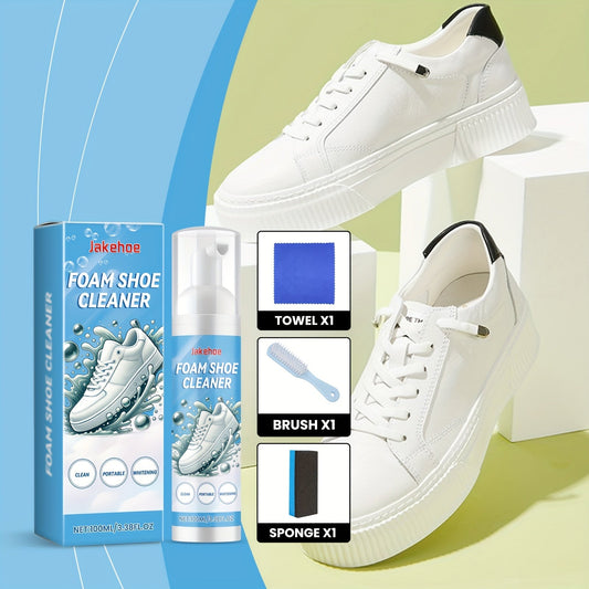 Introducing Jakehoe Foam Shoe Cleaner, a gentle formula designed for deep stain removal. This residue-free liquid cleaner features sodium bicarbonate and is safe for use on various materials, including canvas. Each 1L bottle comes with a towel, brush