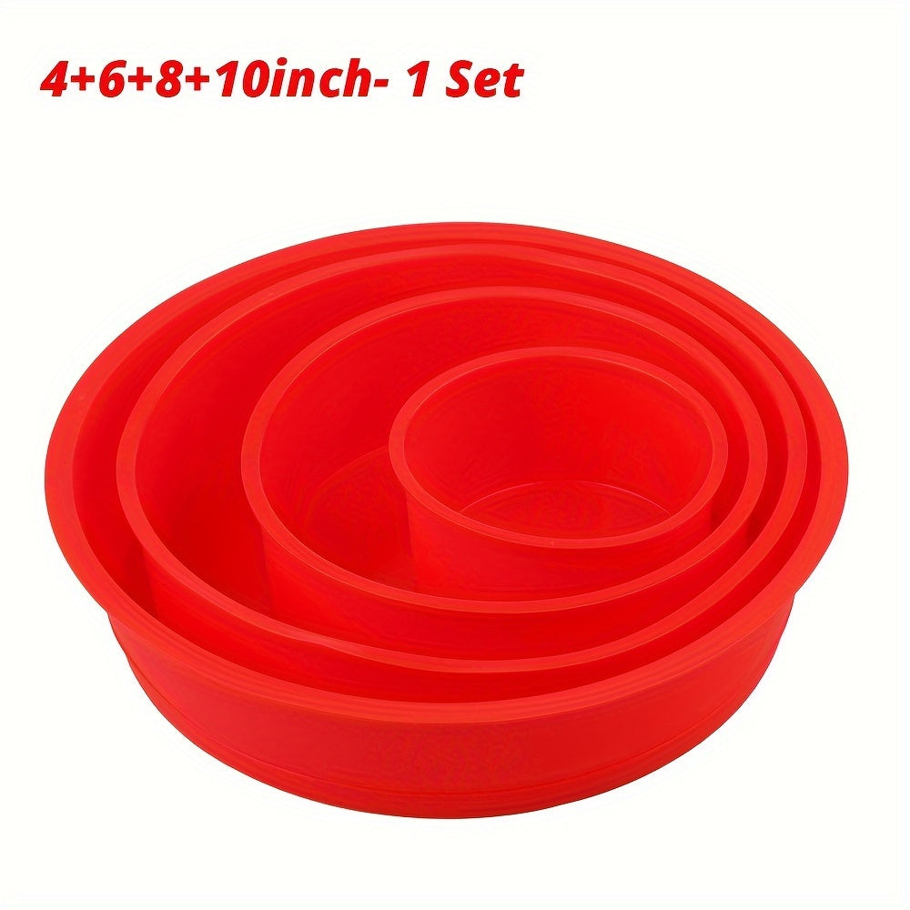 Set of 4 Red Silicone Mini/Large Cake Molds in varying sizes (10.16cm, 15.24cm, 20.32cm, 25.4cm) - Non-Stick Round Baking Pans for Muffin, Cupcake, Layer Cake, Cheese Cake, and Rainbow Cake - Bakeware Pan Reusable Cake Pans