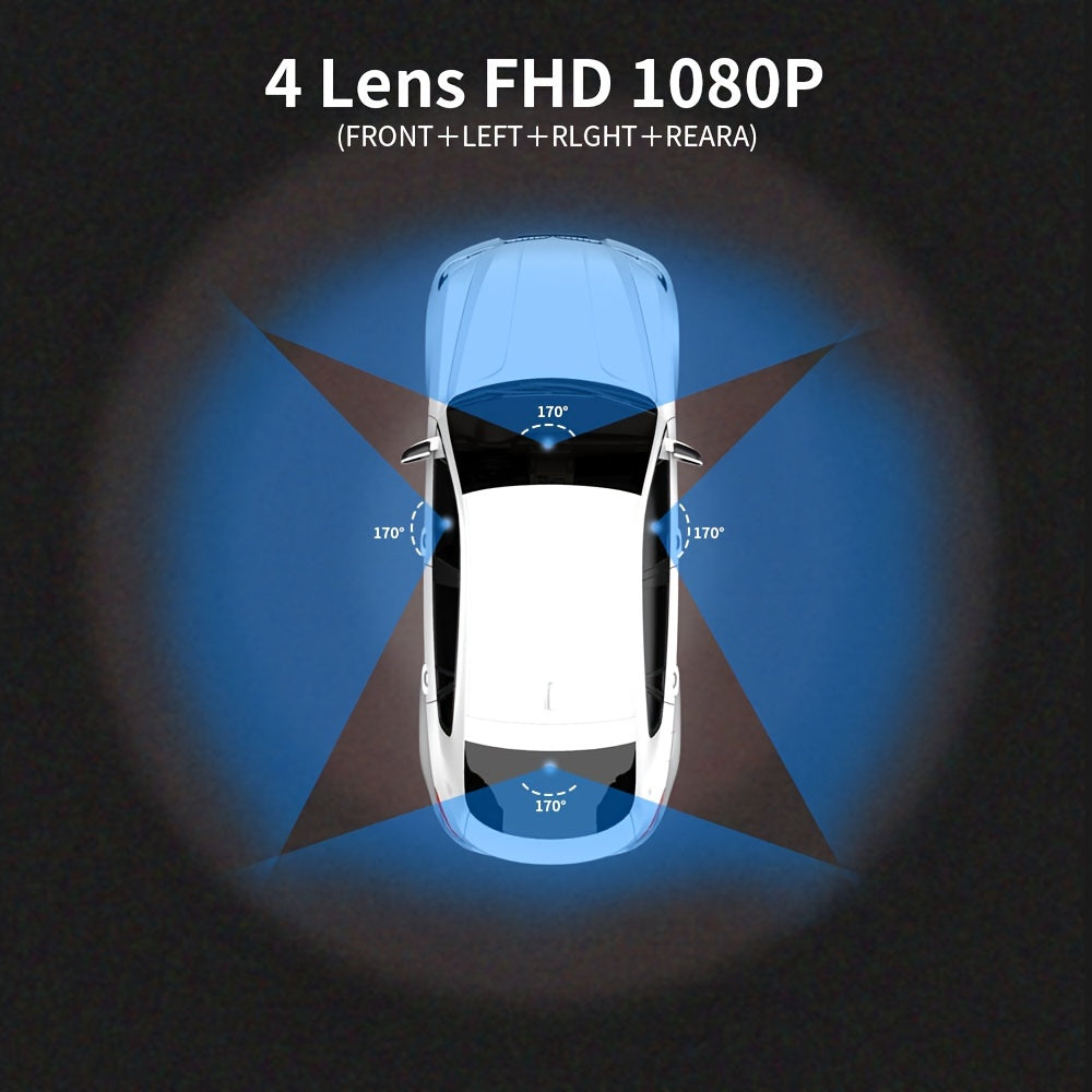 Wireless 4-channel GPS dash cam with 24-hour parking mode and memory card, recording 360° front, left, right, and rear views.