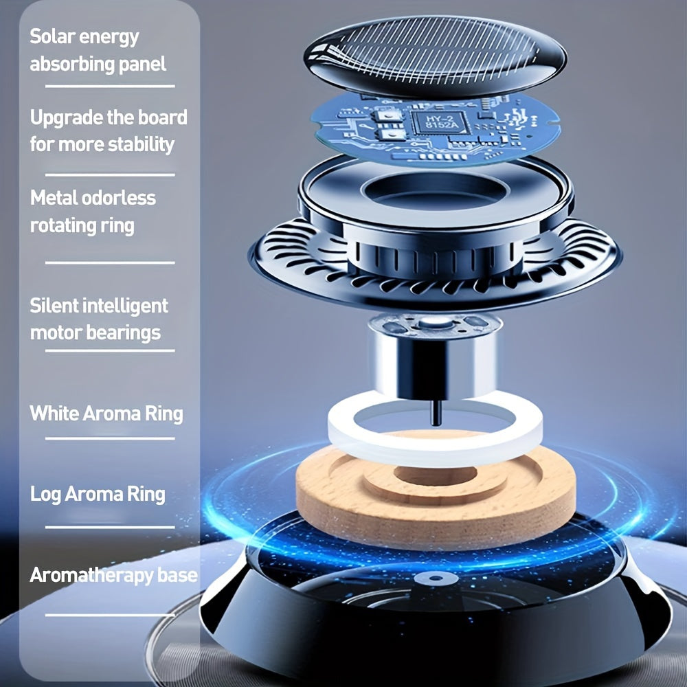 Solar-powered car aromatherapy diffuser rotates, creates long-lasting fragrance, and is compatible with various aromatherapy products.