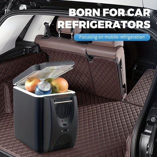 6L Portable Car Refrigerator with Semiconductor Technology, Countertop Mount, for Beverages, Seafood, Fruits, Travel. Operates on DC 12V with car plug power.