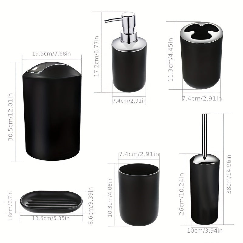 Plastic bathroom accessory set includes soap dispenser, toothbrush holder, toilet brush, trash can, tumbler, and soap dish.