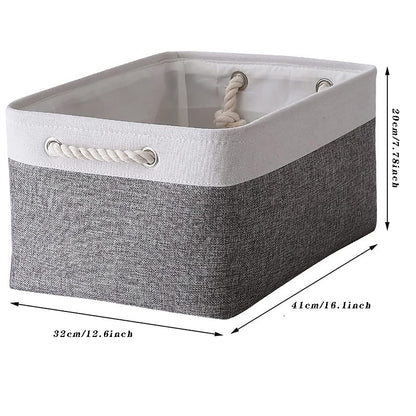 Chic White & Gray Rectangular Linen Storage Basket with Rope Handles - Versatile Folding Design for Clothes, Toys, & More - Perfect for Organizing Closets, Nurseries, & Home - Laundry Basket