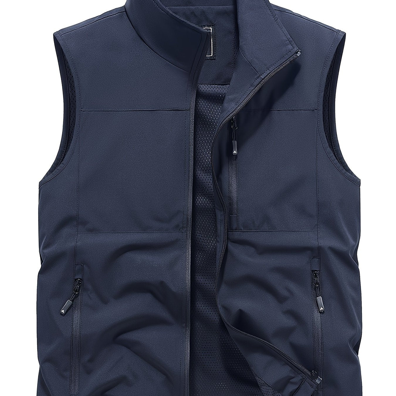 Polyester Sleeveless Vest for Men: Black, Multi-Pocket Design, Zipper Closure, Mesh Lining - Ideal for Spring/Autumn Outdoor Wear.