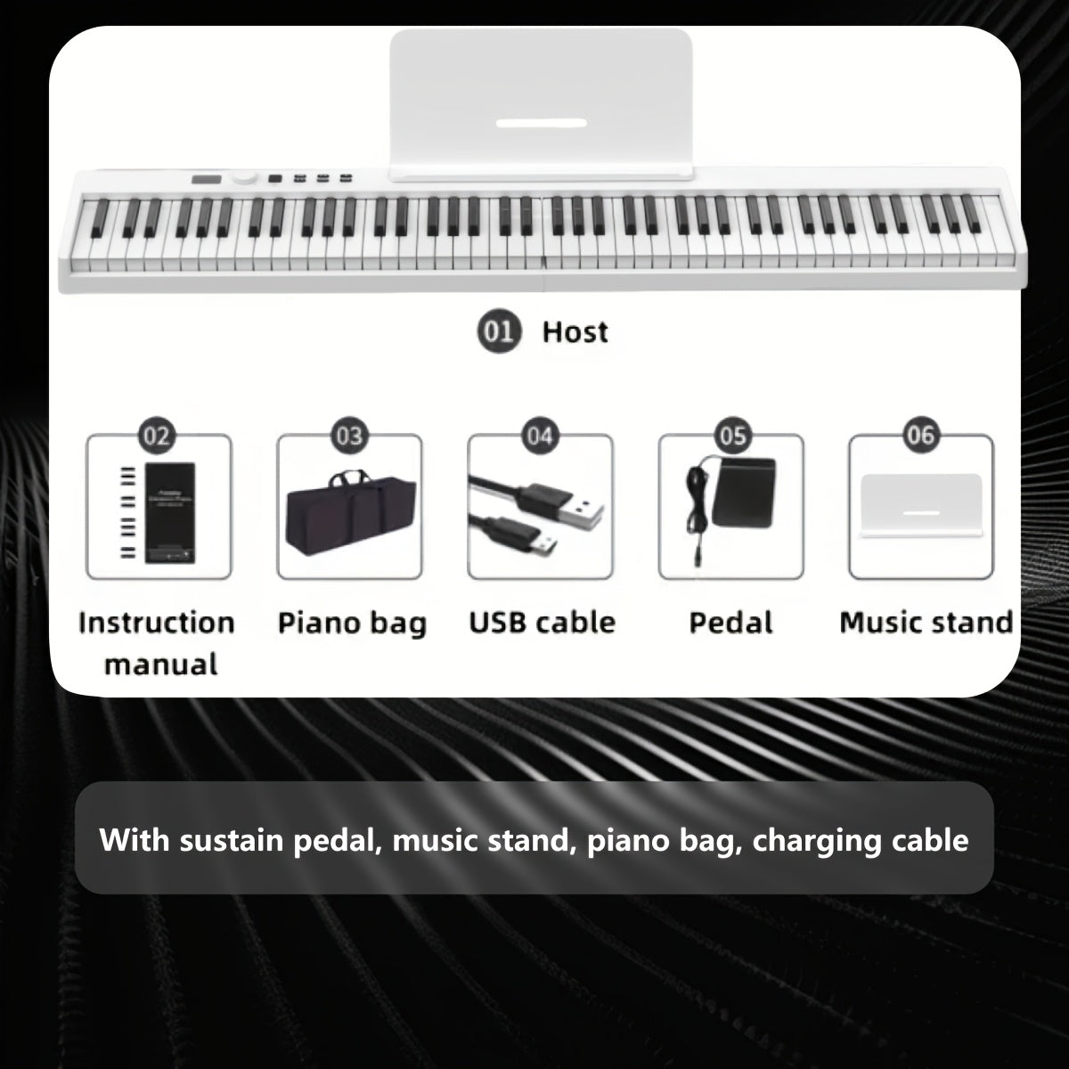 88-Key Electronic Piano in black with 128 rhythms, 128 sounds, and 20 demonstration songs. Portable and suitable for beginners, it fits standard piano size and features LED display. Can be